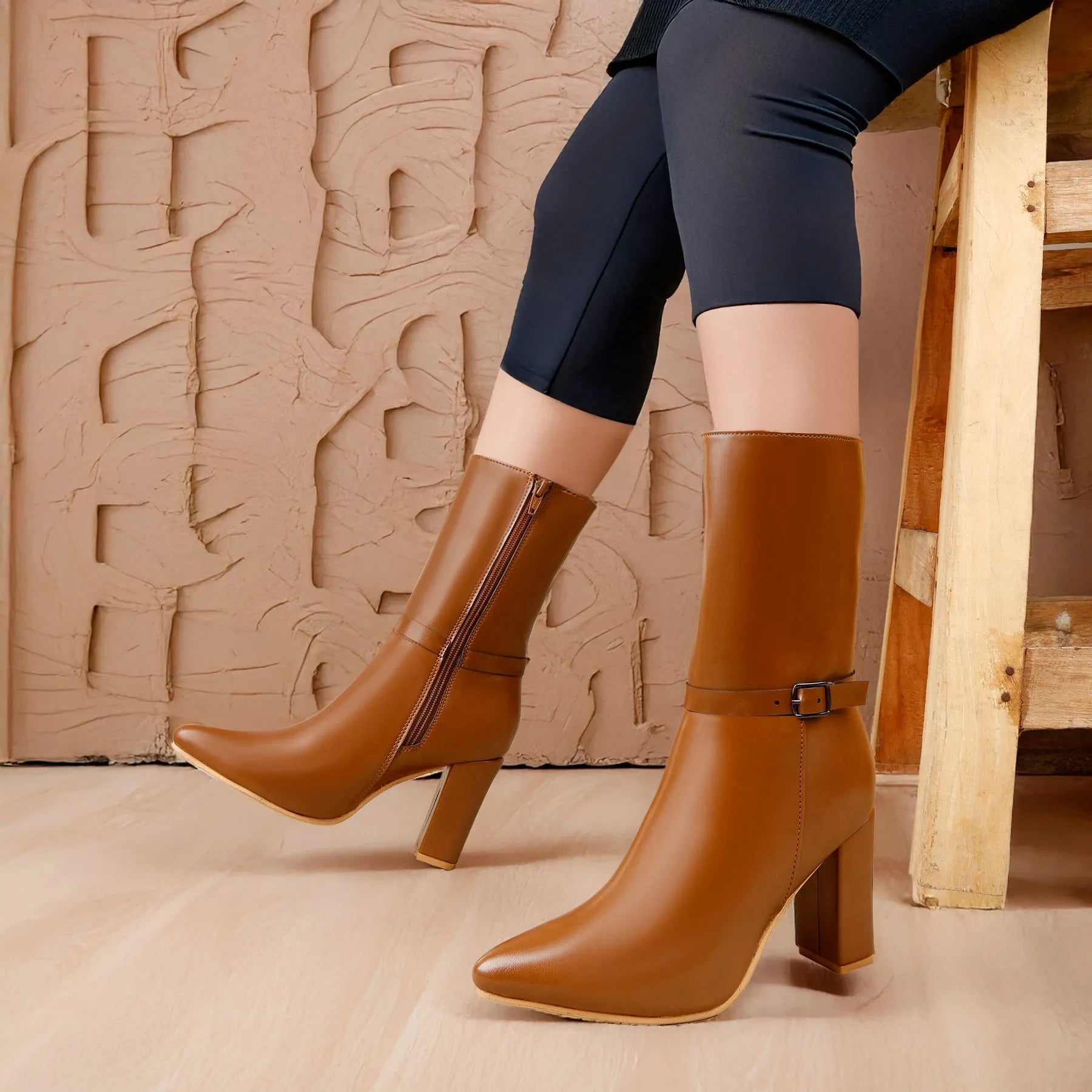 Luxury tan vegan ankle-length boots women’s classic silhouette – Marco Bellorri