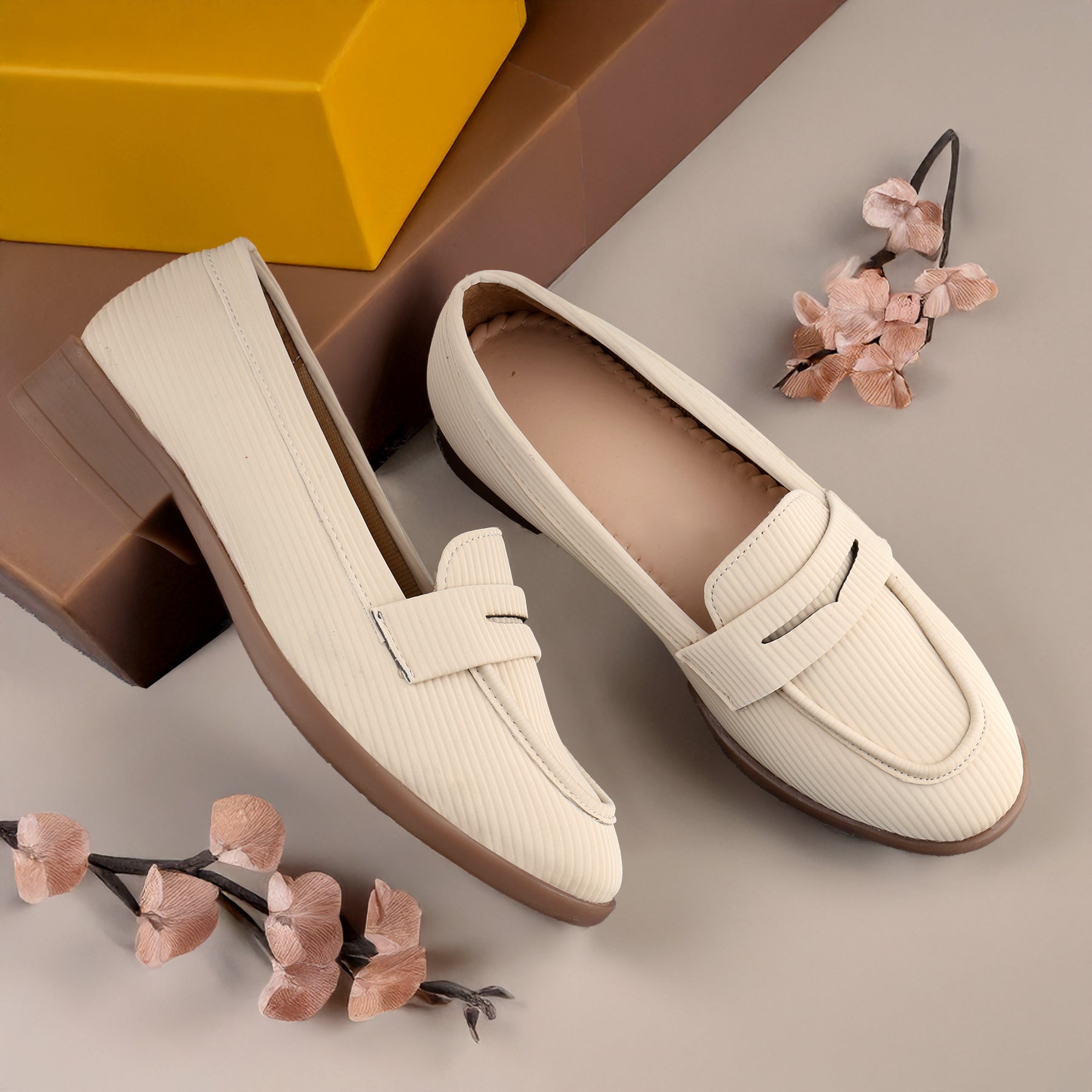 Marco Bellorri Womens Premium Ivory Textured Penny Loafers with All Day Comfort