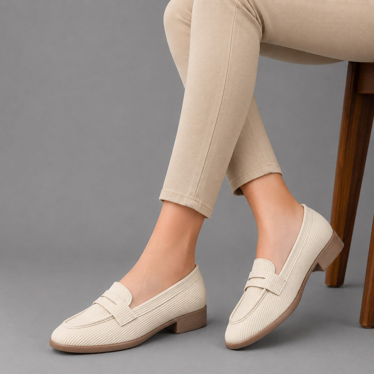 Marco Bellorri Womens Premium Ivory Textured Penny Loafers with All Day Comfort
