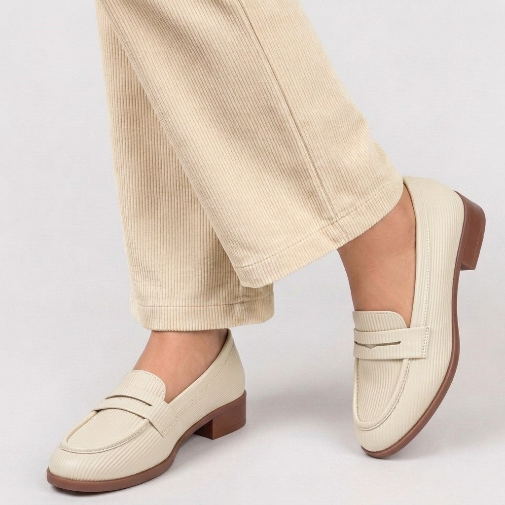 Marco Bellorri Womens Premium Ivory Textured Penny Loafers with All Day Comfort