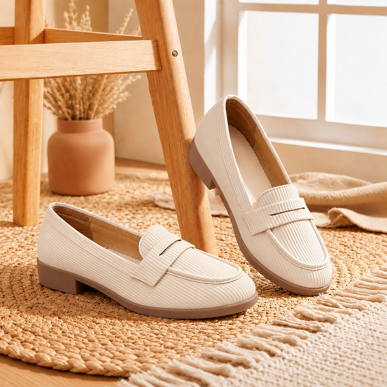 Marco Bellorri Womens Premium Ivory Textured Penny Loafers with All Day Comfort